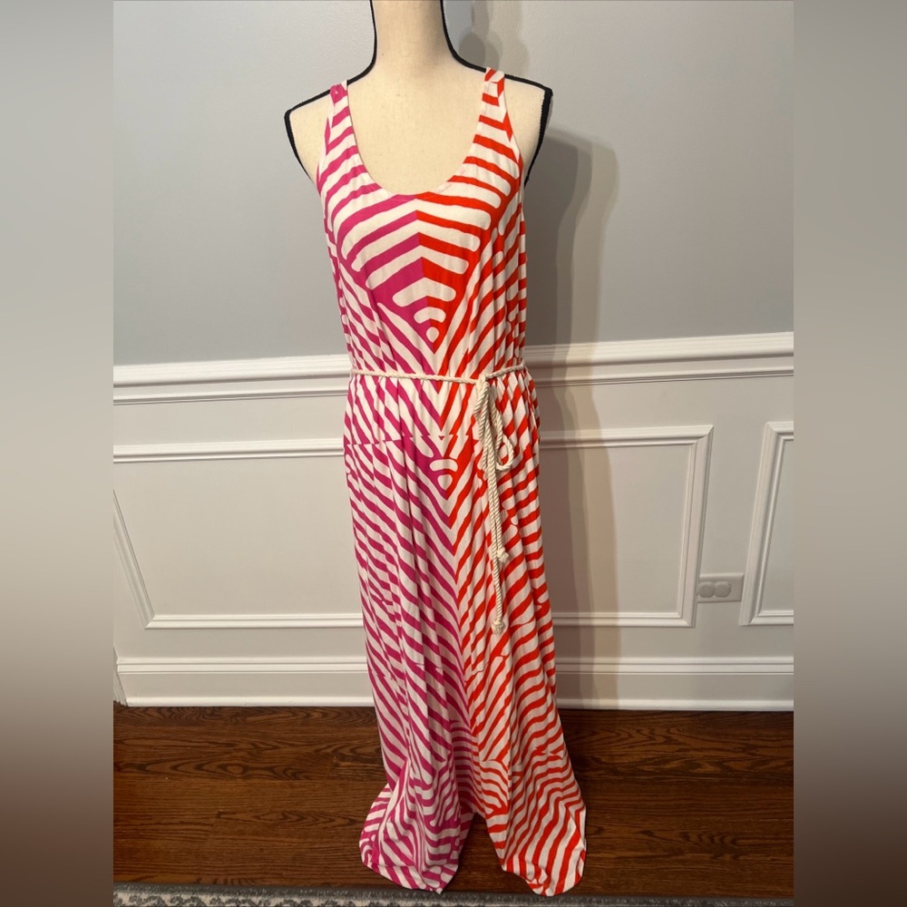 Ann Taylor Loft Sleeveless Racerback Maxi Dress Size Large Nautical Rope Belt